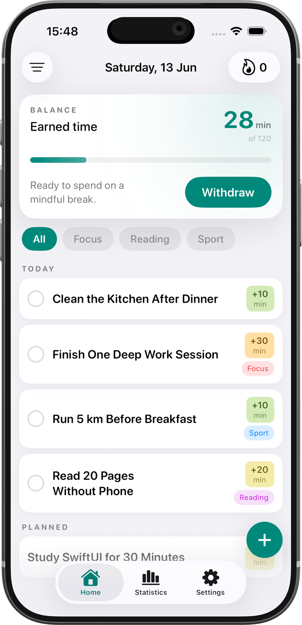 Merite home screen showing earned time balance, tasks, and withdraw button